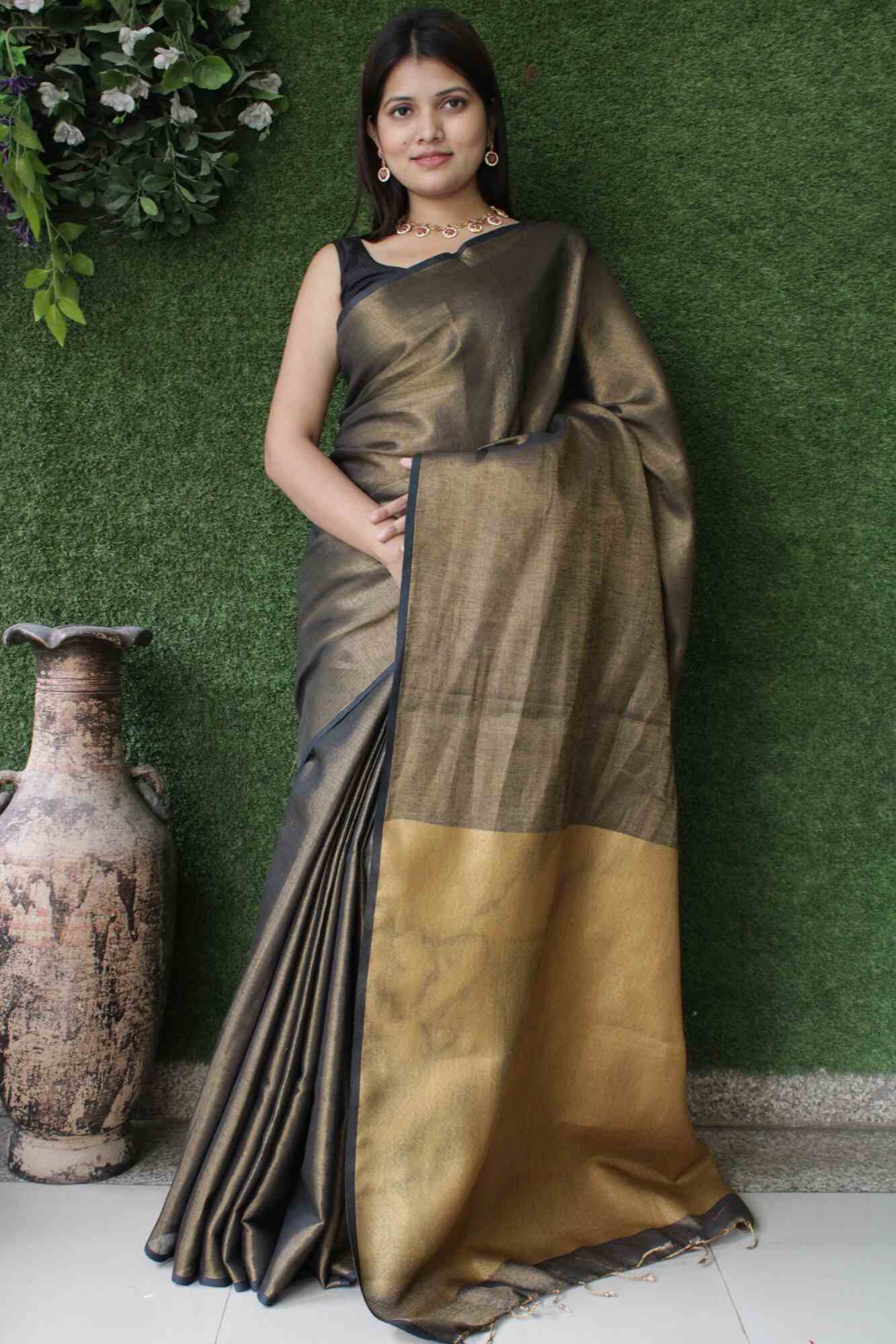 Black Metallic Gold Handloom Pure Linen Tissue Wrap in 1 minute saree - Isadora Life Online Shopping Store