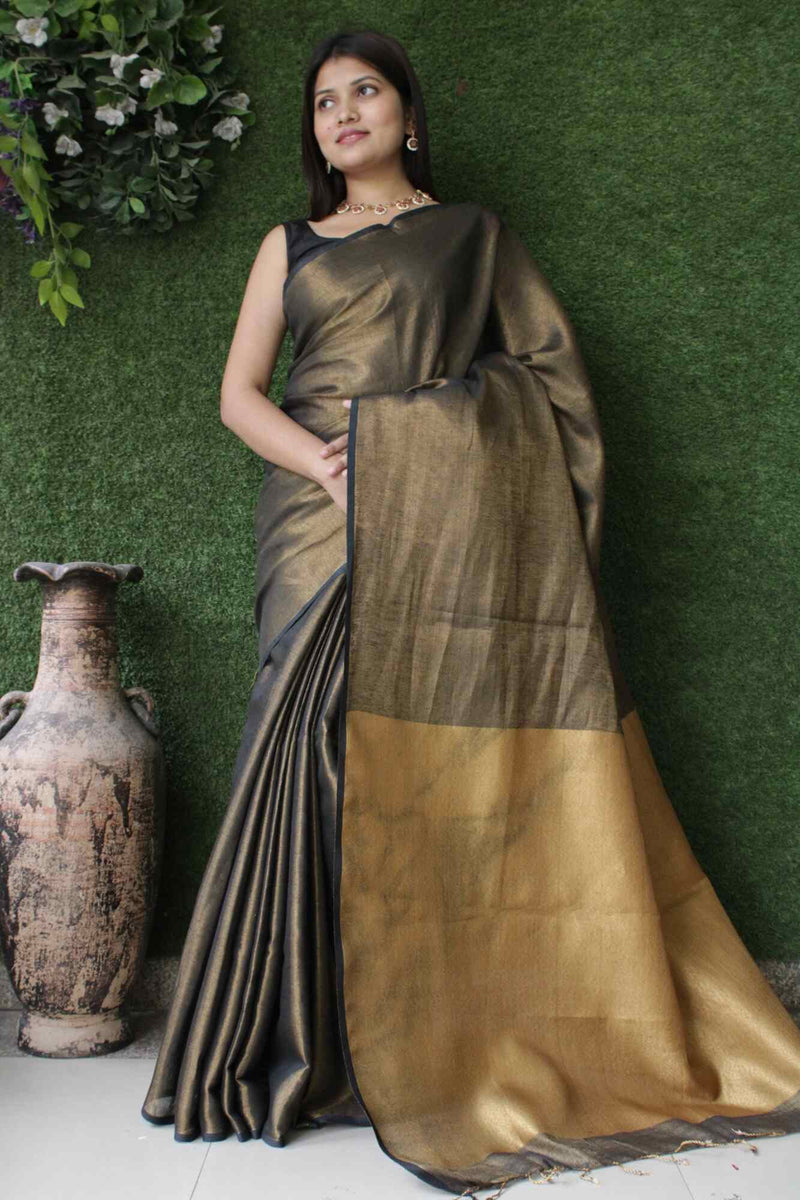 Black Metallic Gold Handloom Pure Linen Tissue Wrap in 1 minute saree - Isadora Life Online Shopping Store