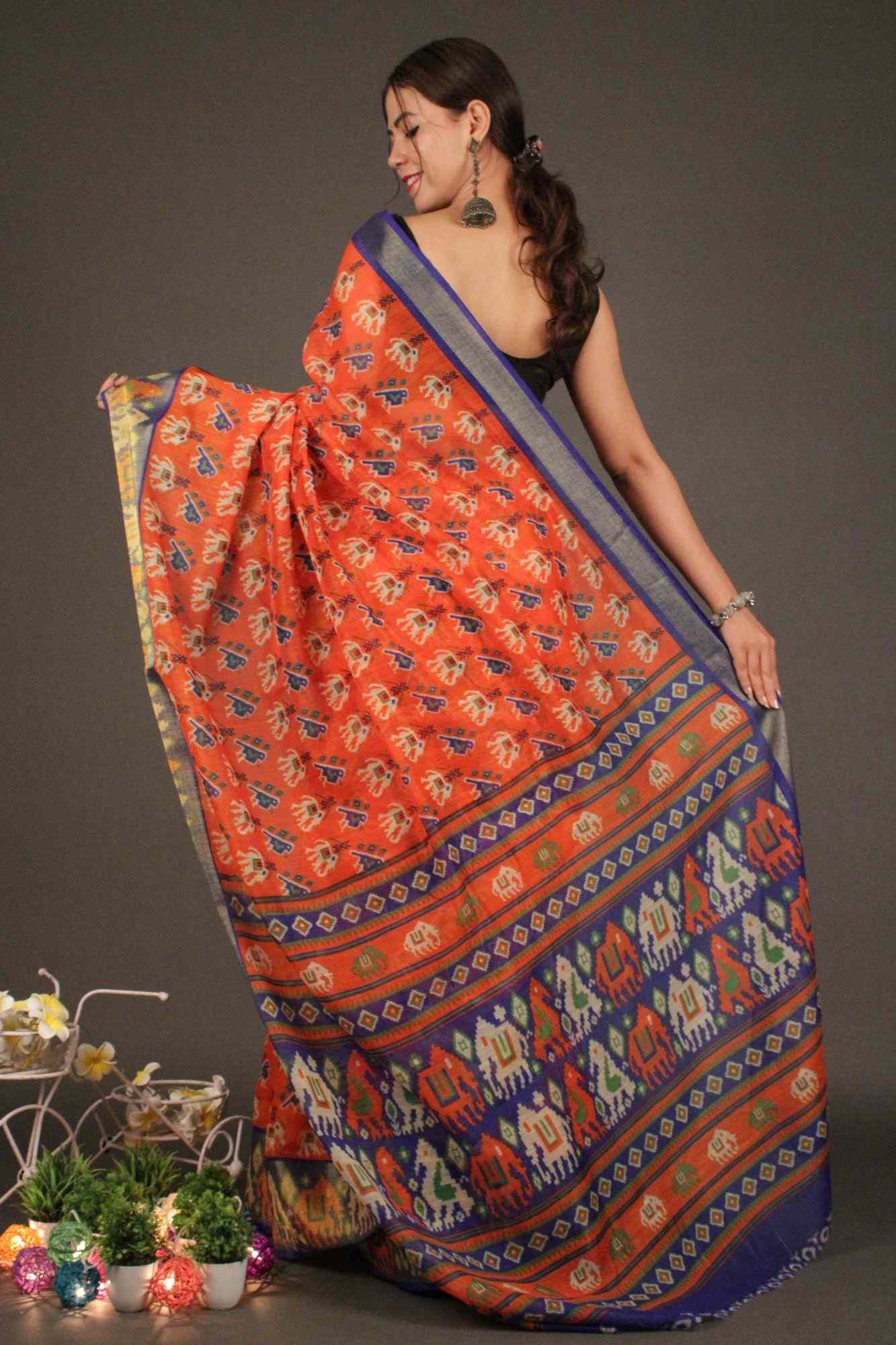 Orange-Blue Ikat Cotton Linen with zari border Wrap in 1 minute saree - Isadora Life Online Shopping Store