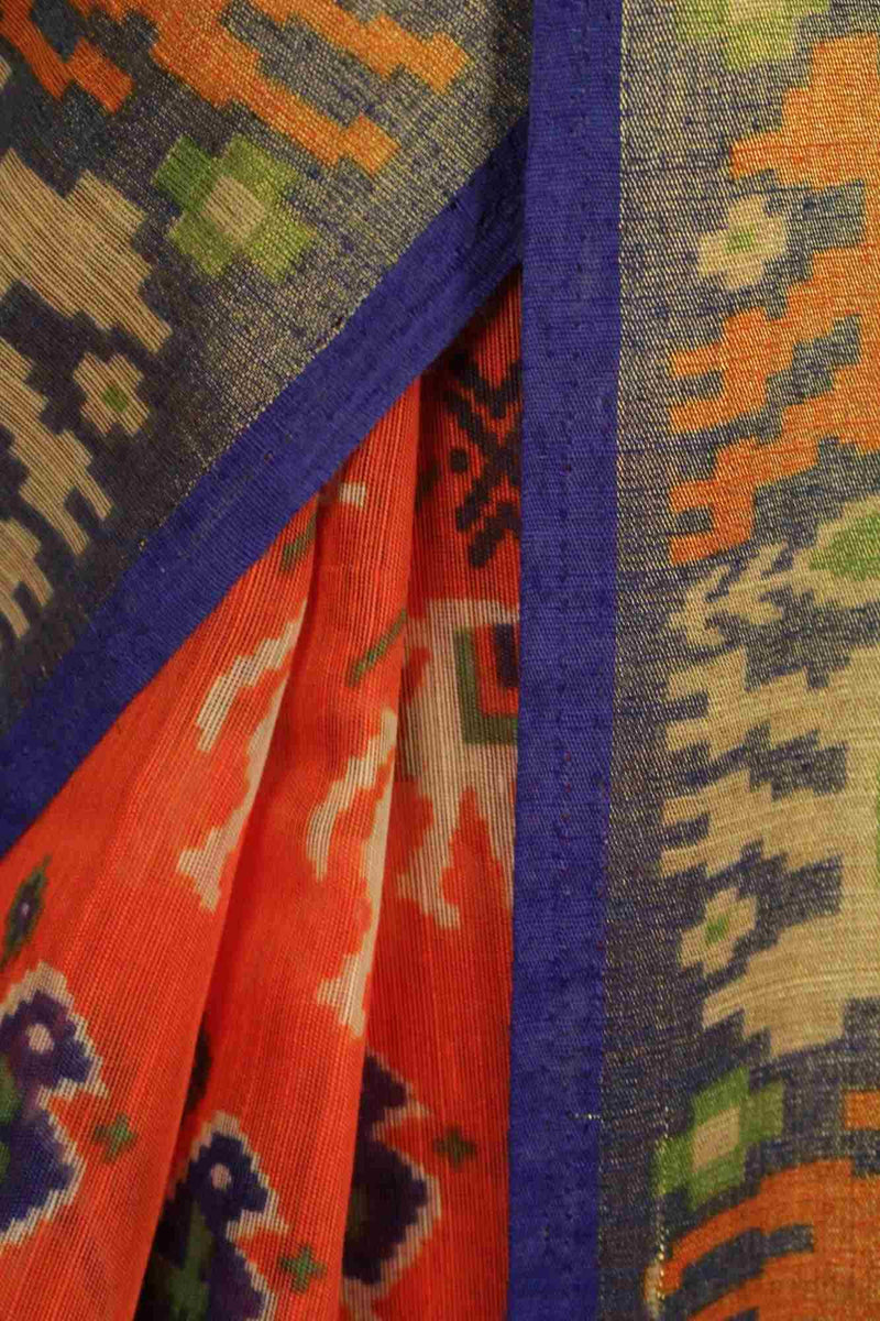 Orange-Blue Ikat Cotton Linen with zari border Wrap in 1 minute saree - Isadora Life Online Shopping Store