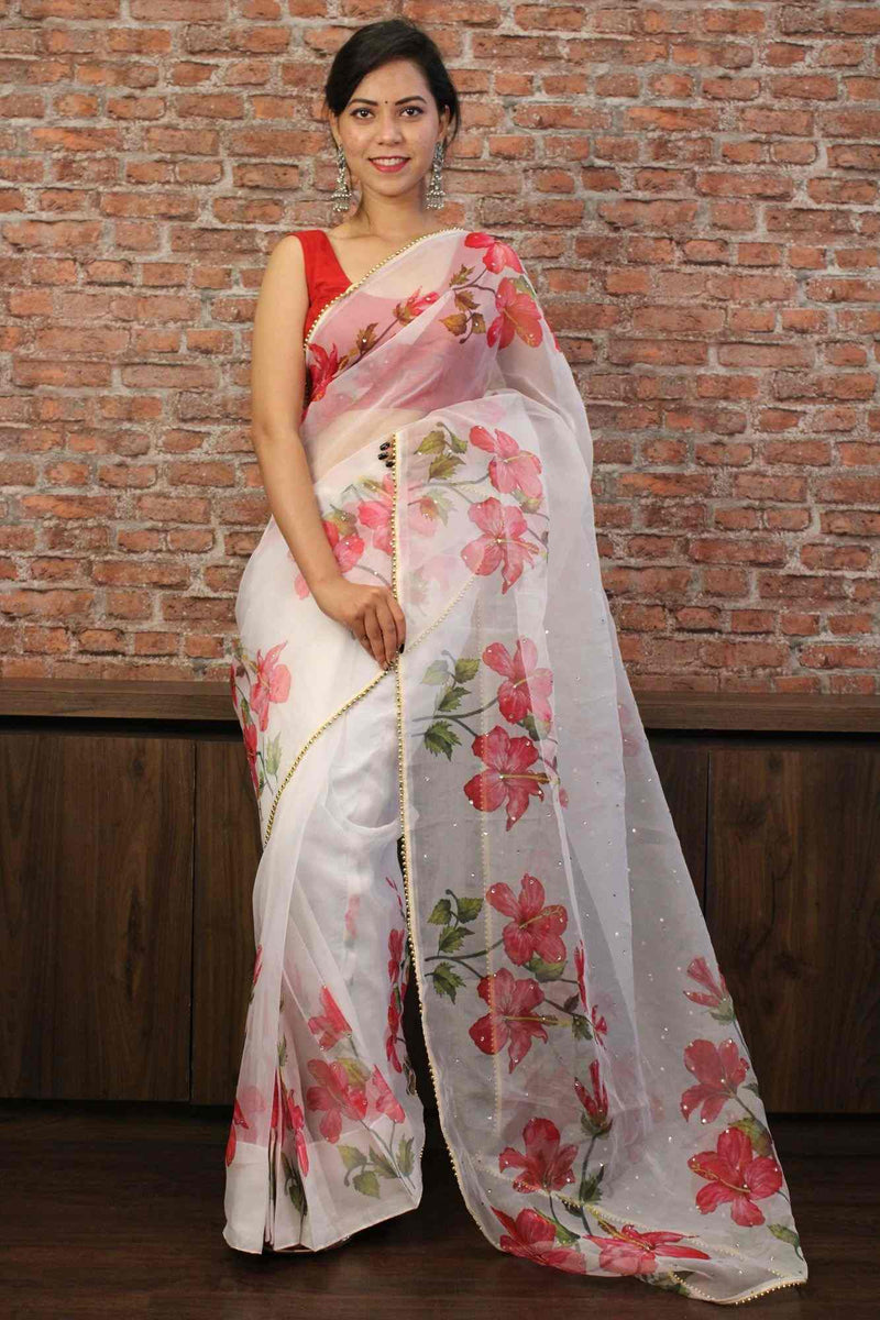 White and pink floral organza print with moti lace border & sequins all over wrap in 1 minute saree - Isadora Life Online Shopping Store