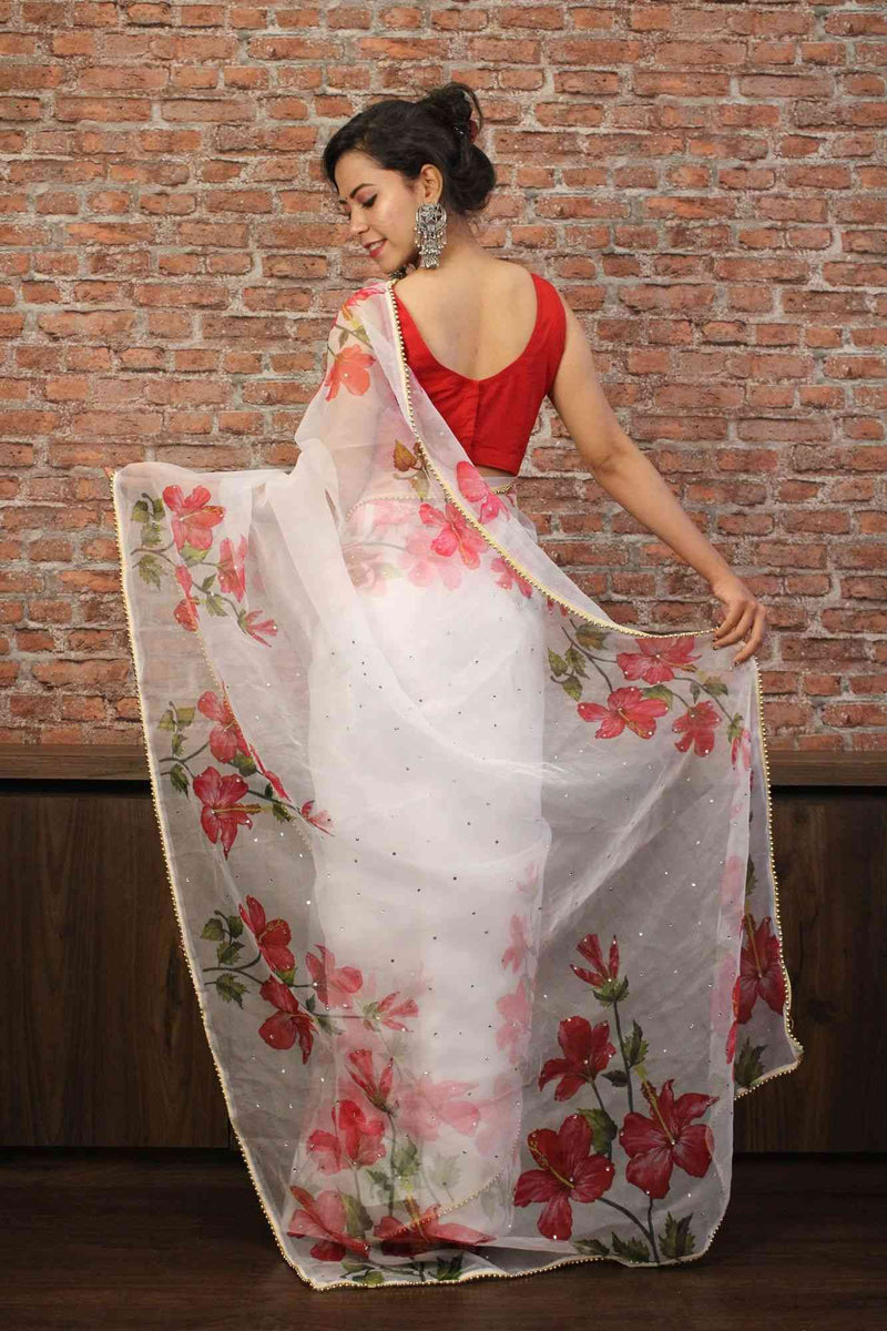 White and pink floral organza print with moti lace border & sequins all over wrap in 1 minute saree - Isadora Life Online Shopping Store