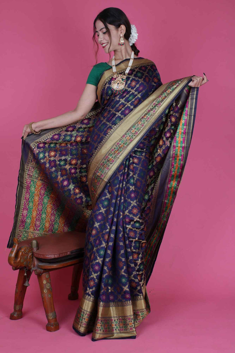 Appealing Navy Blue Kanjivaram Art Silk Blend Checked Jacquard Wrap in 1 minute saree - Isadora Life Online Shopping Store