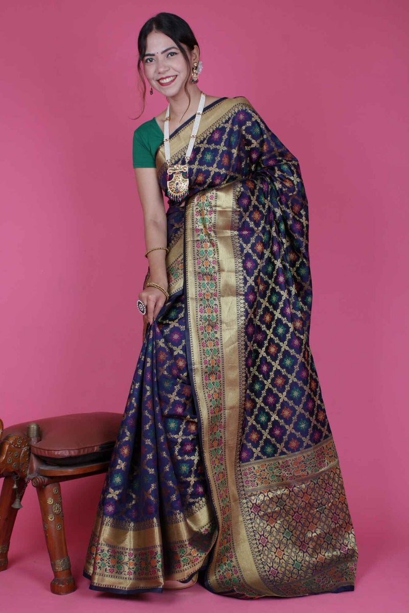 Appealing Navy Blue Kanjivaram Art Silk Blend Checked Jacquard Wrap in 1 minute saree - Isadora Life Online Shopping Store