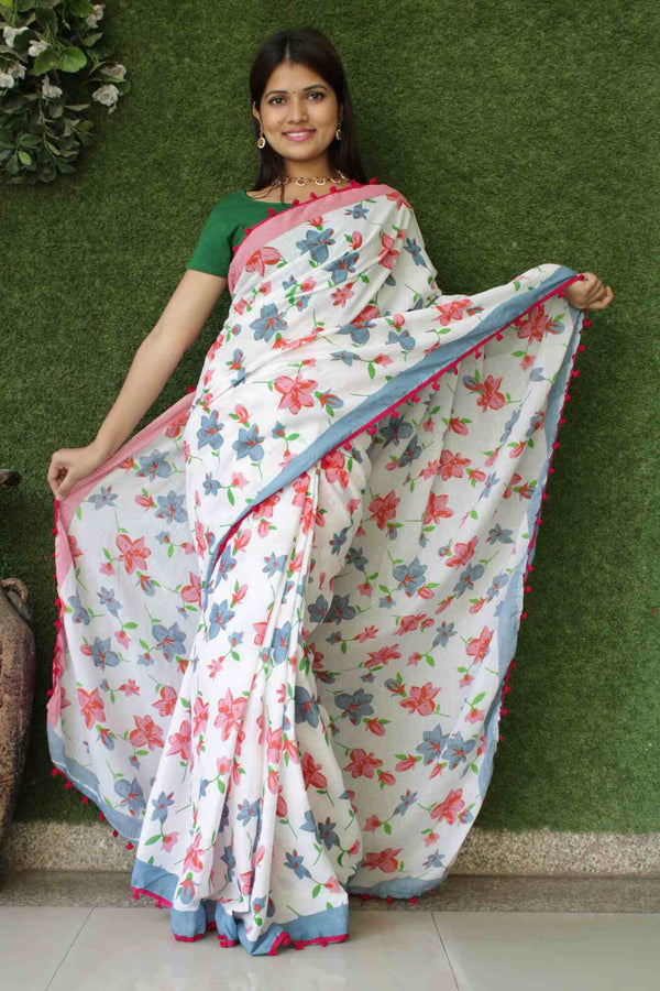 BLUE & PINK COTTON MUL MUL PRINTED WRAP IN 1 MINUTE SAREE WITH POMPOM - Isadora Life Online Shopping Store