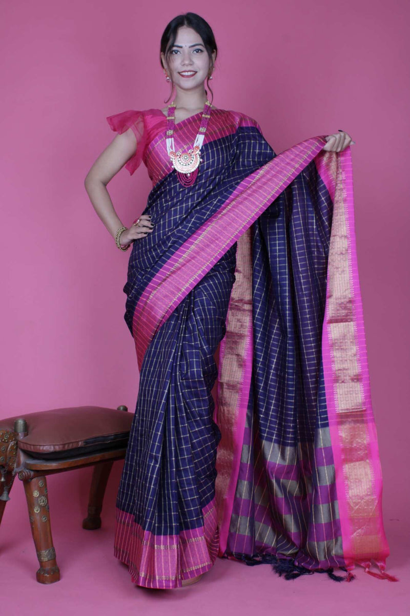Beautiful Navy Blue & Pink Checked Zari Pure Chettinad Cotton Silk Wrap in 1 minute saree - Isadora Life Online Shopping Store