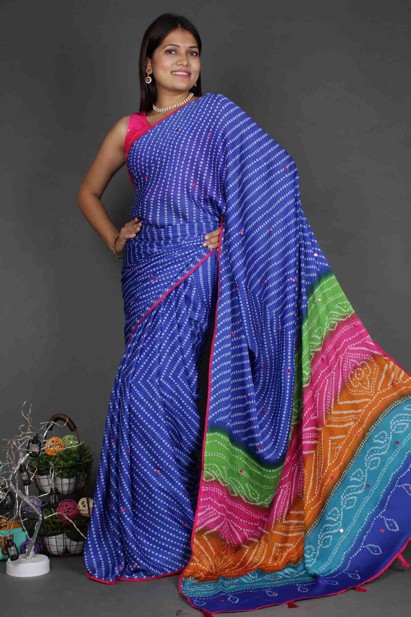 Beautiful Blue Bandhej Saree with Multicoloured Pallu  Wrap in 1 minute saree - Isadora Life Online Shopping Store