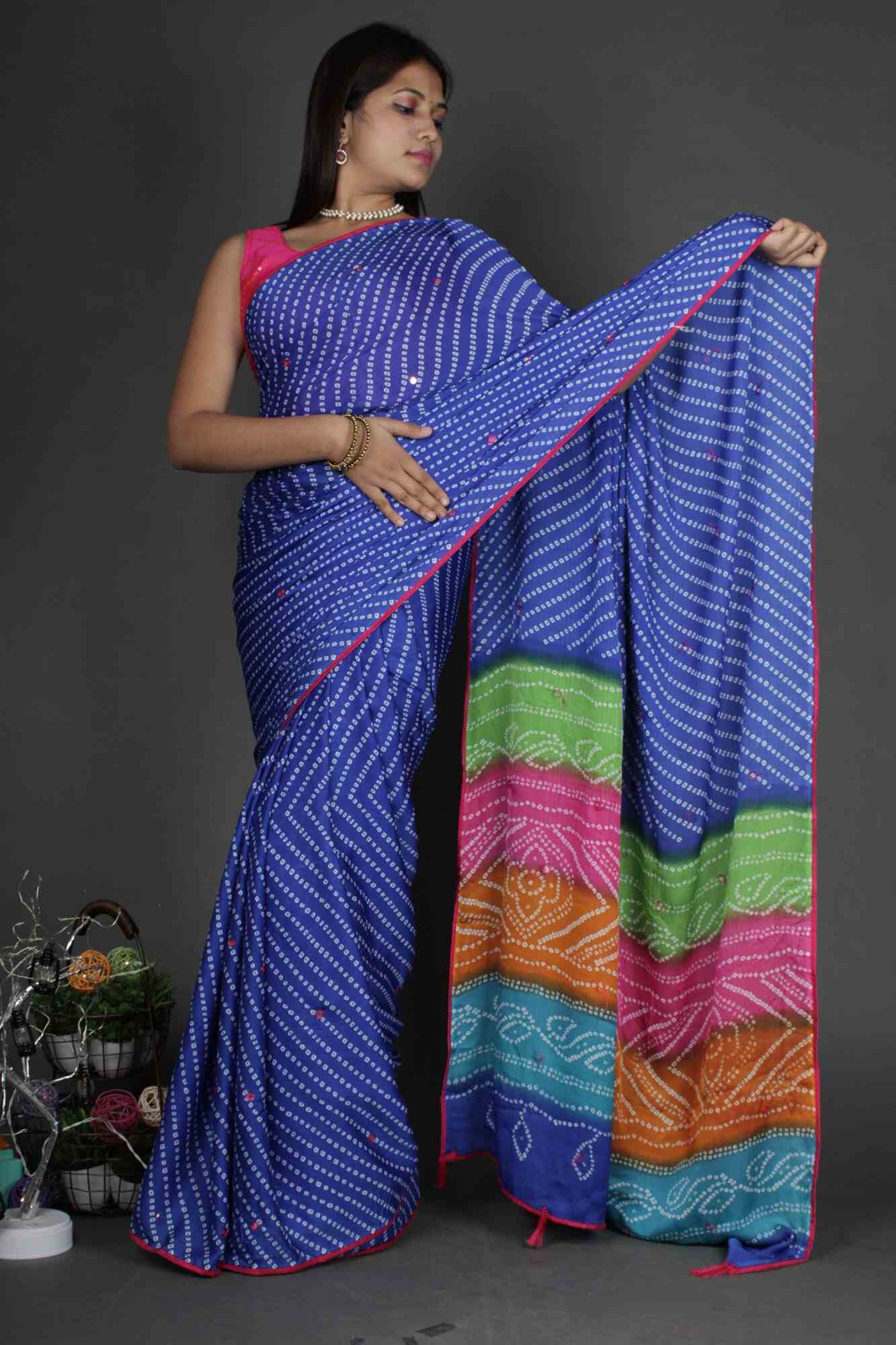 Beautiful Blue Bandhej Saree with Multicoloured Pallu  Wrap in 1 minute saree - Isadora Life Online Shopping Store