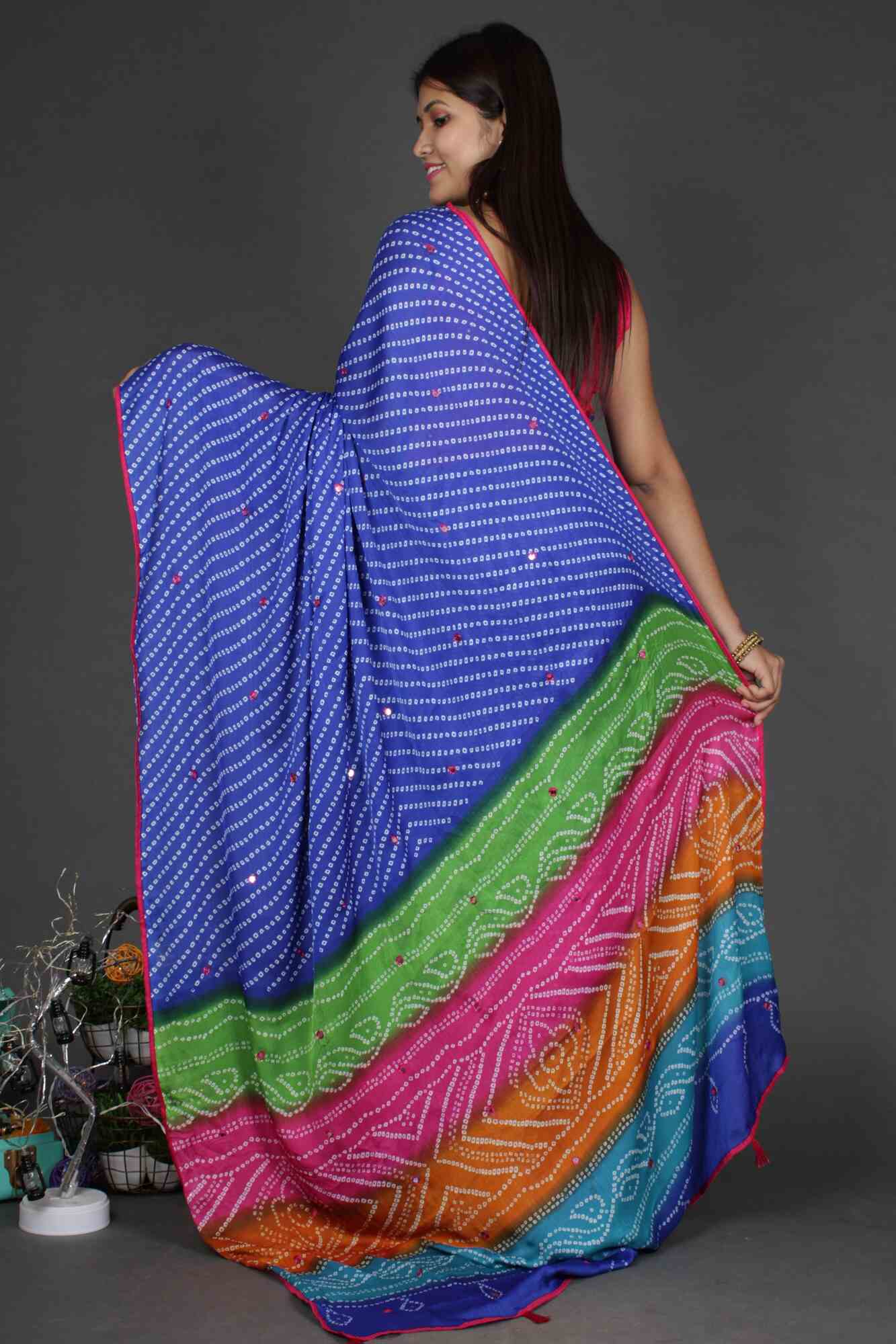 Beautiful Blue Bandhej Saree with Multicoloured Pallu  Wrap in 1 minute saree - Isadora Life Online Shopping Store