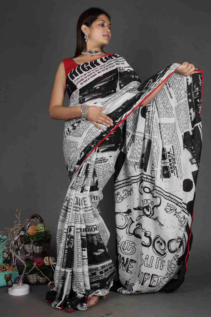 Newspaper Printed mul mul cotton with Red Pompom Border Wrap in 1 minute saree - Isadora Life Online Shopping Store