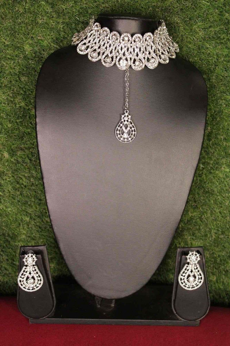 Beautiful silver plated diamond necklace set with maang tika - Isadora Life Online Shopping Store
