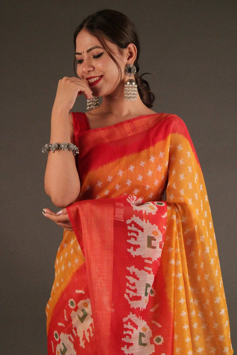 Orange-Red Ikkat Printed Zari Woven Wrap in 1 minute saree - Isadora Life Online Shopping Store