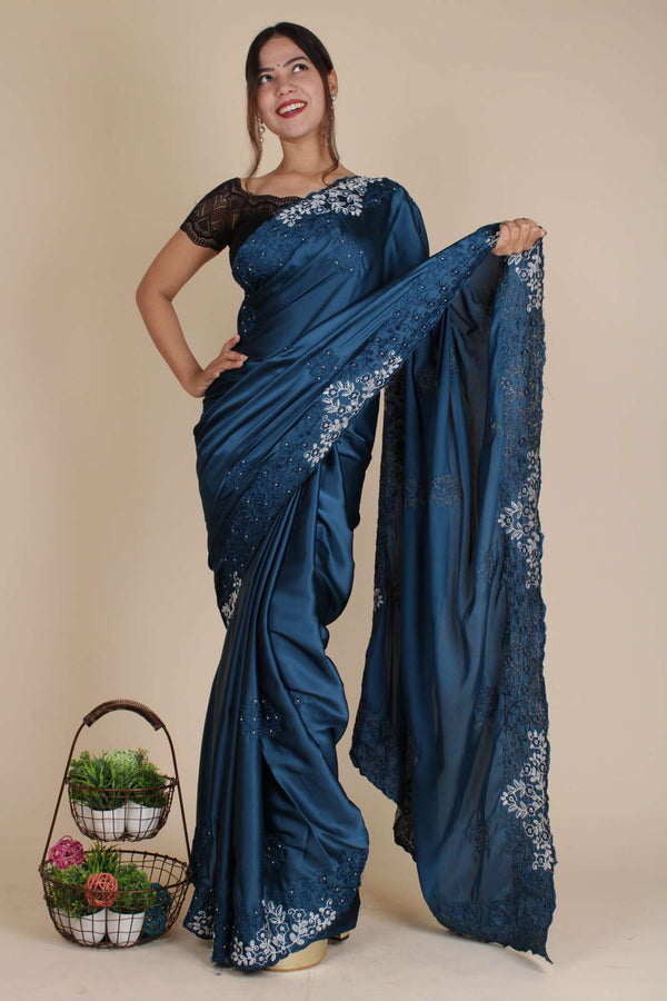 Classy Satin Crepe Parsi Gara-Style Embroidery Wrap in 1 Minute Saree with complementary readymade blouse - Isadora Life Online Shopping Store