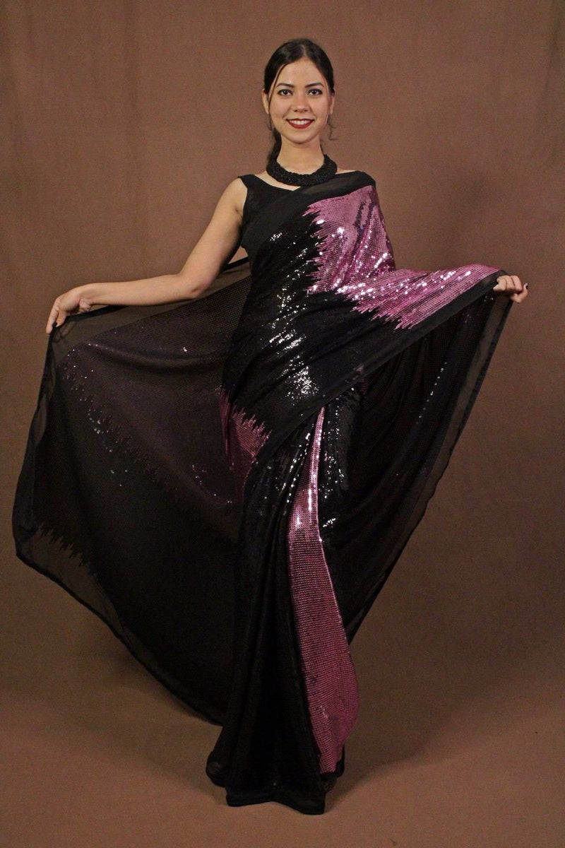 Pink and black sequin embellished wrap in 1 minute saree - Isadora Life Online Shopping Store