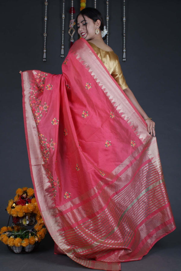 Pink Blush Kerala Kasavu cotton silk  with ornate embroidered border wrap in 1 minute saree - Isadora Life Online Shopping Store