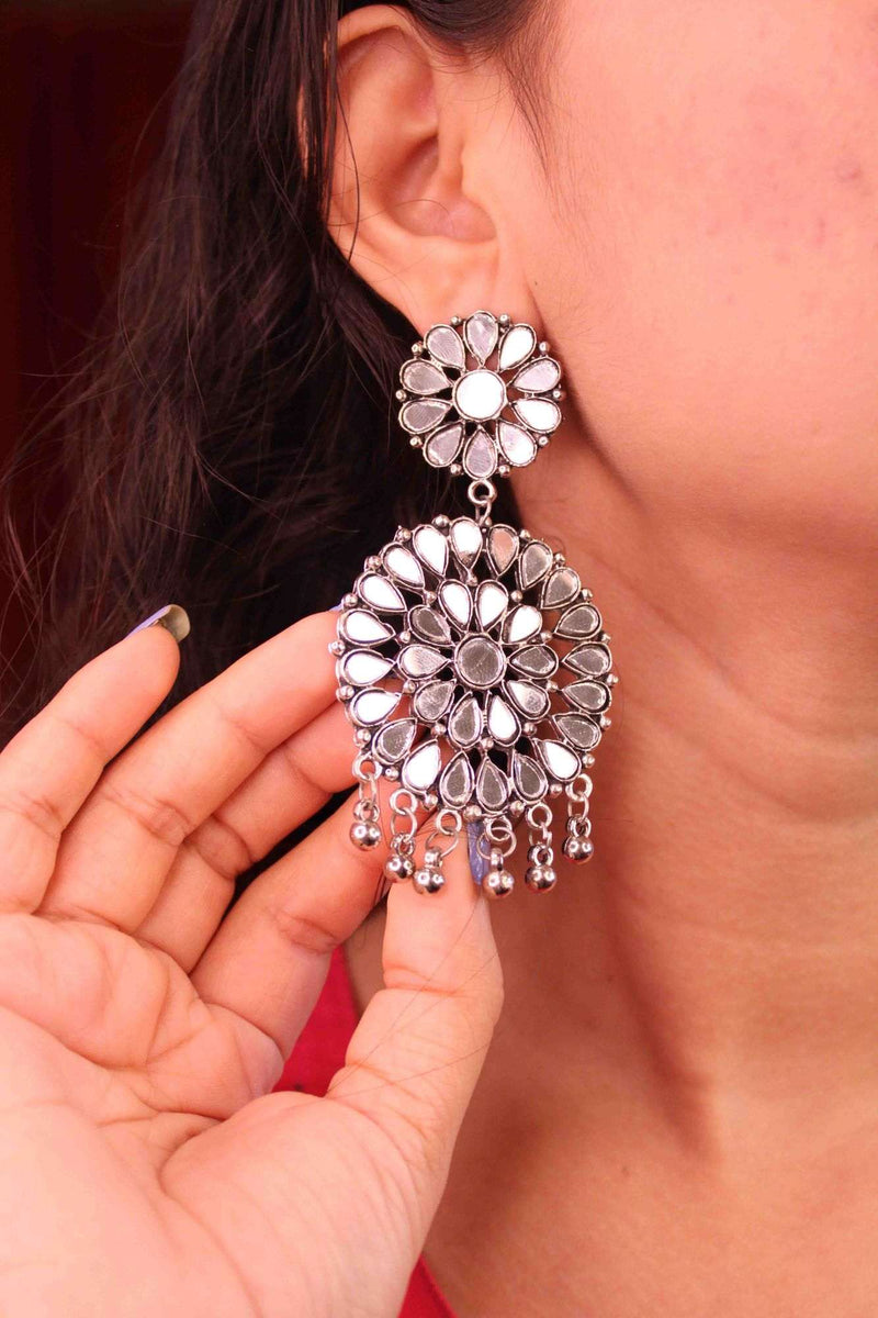 SILVER ROUND MIRROR WORKED EARRINGS - Isadora Life Online Shopping Store