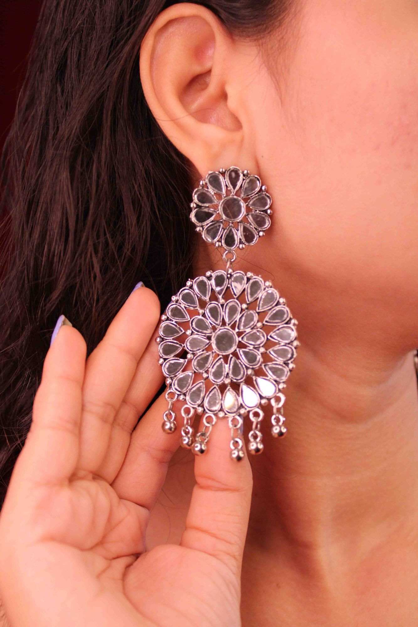 SILVER ROUND MIRROR WORKED EARRINGS - Isadora Life Online Shopping Store