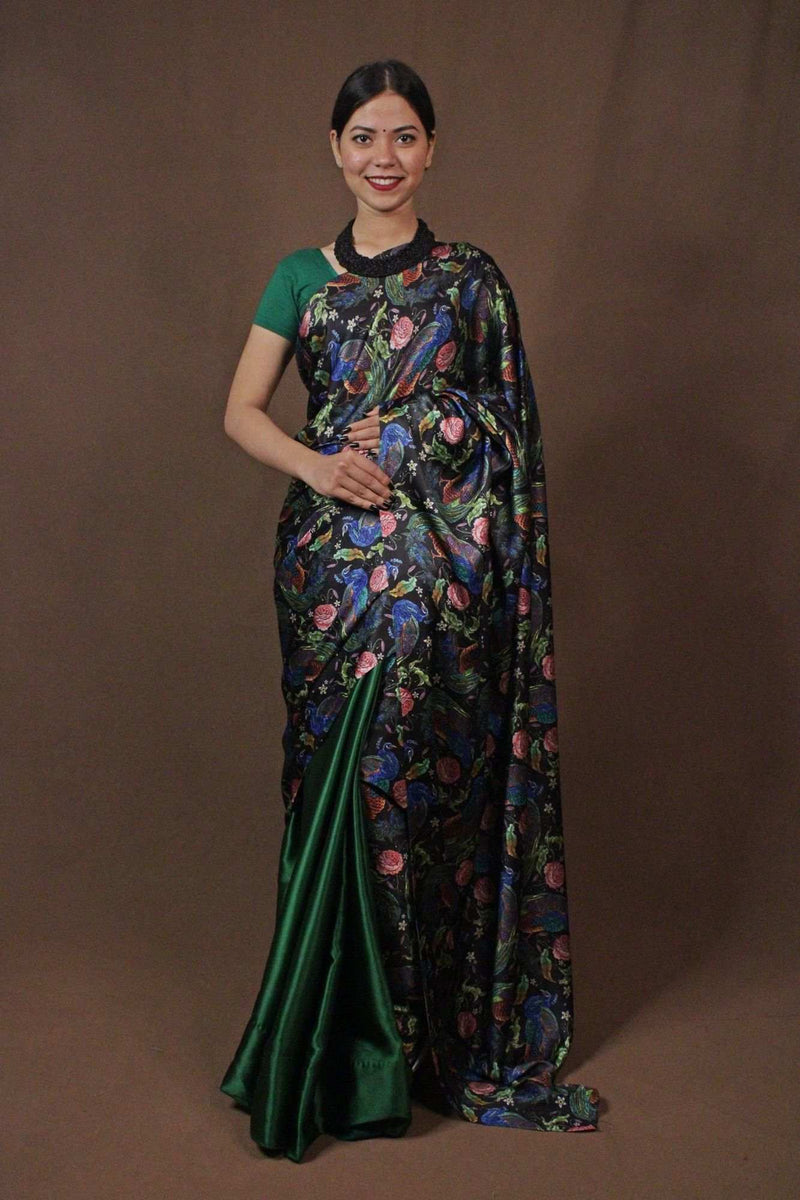 Bottle Green Designer Half and Half Japan Satin Silk with Mayur Printed Wrap in one minute saree - Isadora Life Online Shopping Store