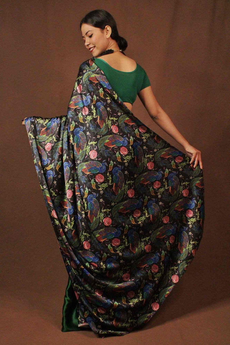 Bottle Green Designer Half and Half Japan Satin Silk with Mayur Printed Wrap in one minute saree - Isadora Life Online Shopping Store
