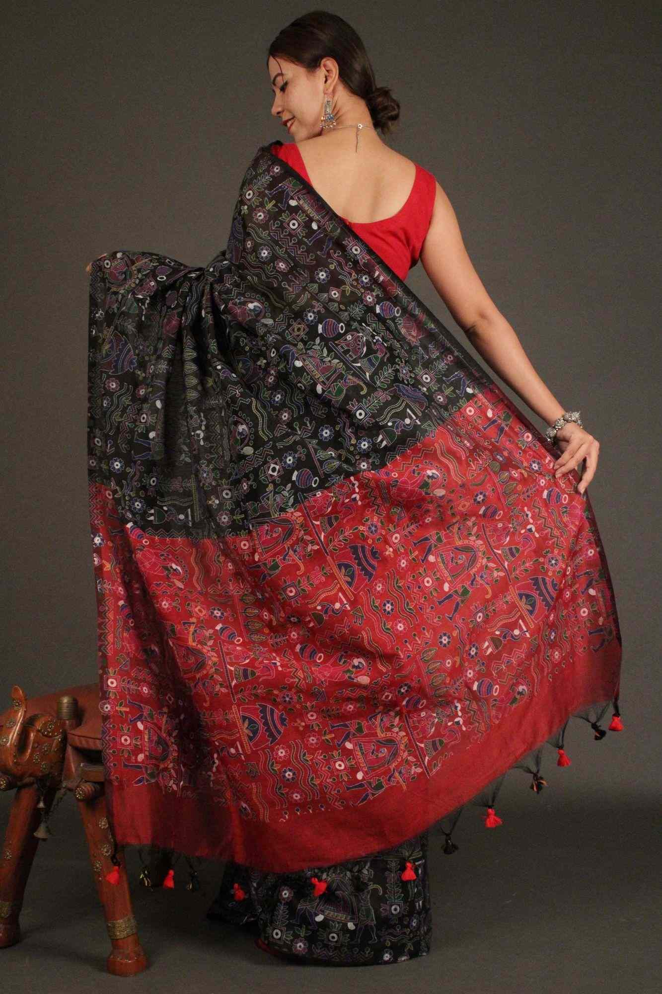 Black-Maroon Cotton Silk Madhubani Print Wrap in 1 minute saree - Isadora Life Online Shopping Store