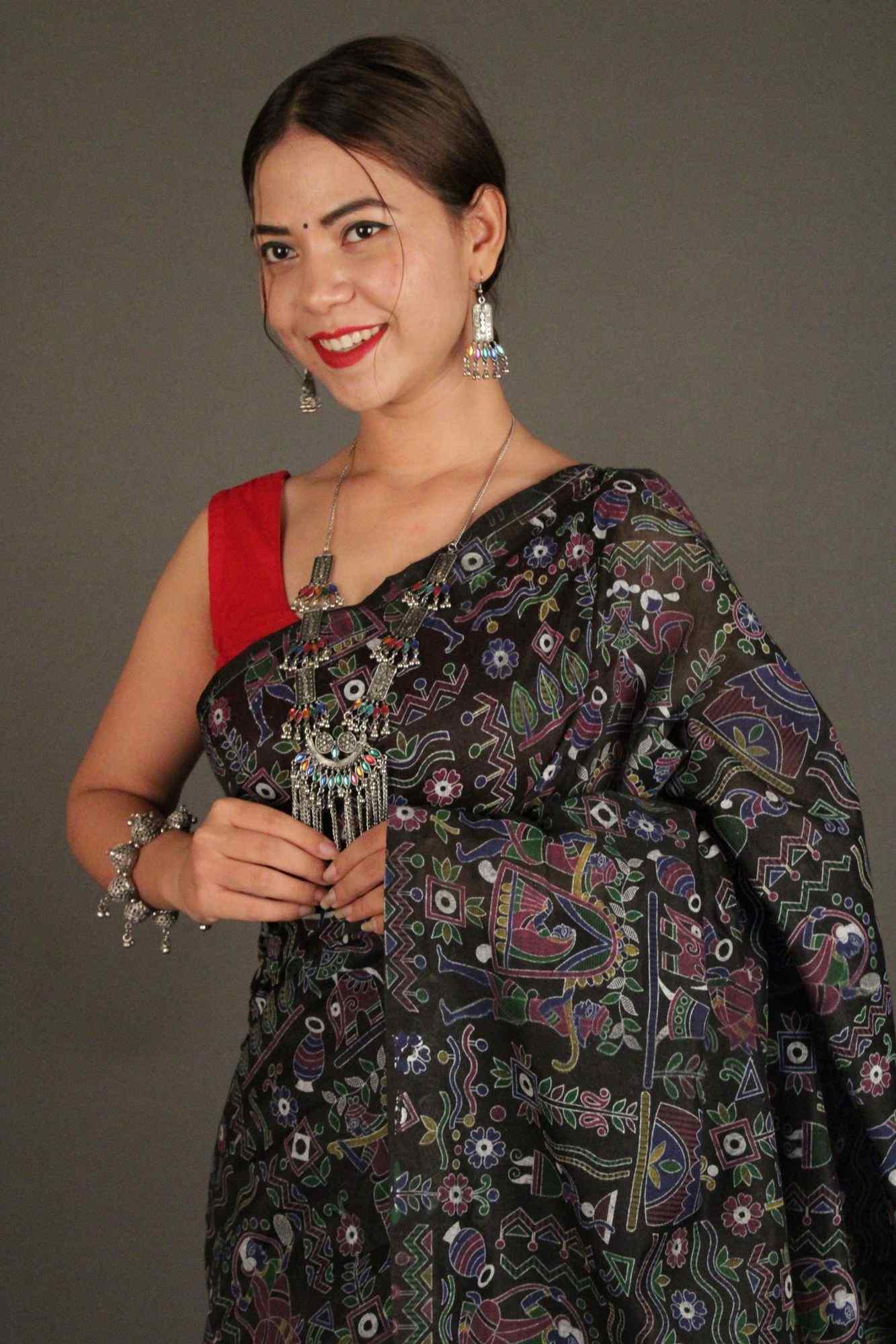 Black-Maroon Cotton Silk Madhubani Print Wrap in 1 minute saree - Isadora Life Online Shopping Store