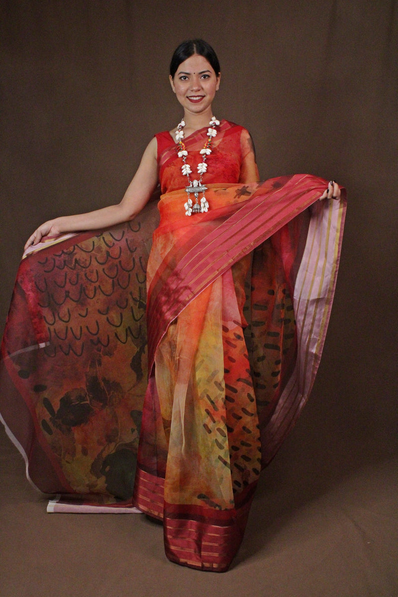 Red and Black printed Organza wrap in one minute saree - Isadora Life Online Shopping Store