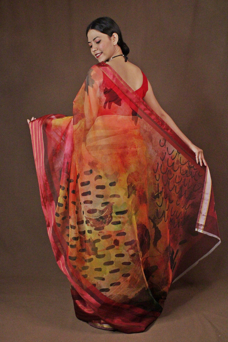 Red and Black printed Organza wrap in one minute saree - Isadora Life Online Shopping Store