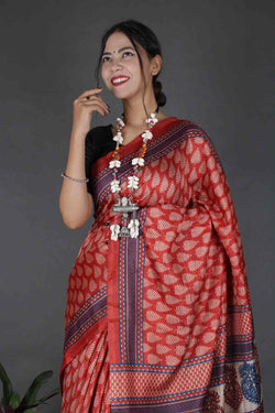 Red Batik Kalamkari Sophisticated Soft South Silk Printed Wrap in 1 minute Saree - Isadora Life Online Shopping Store
