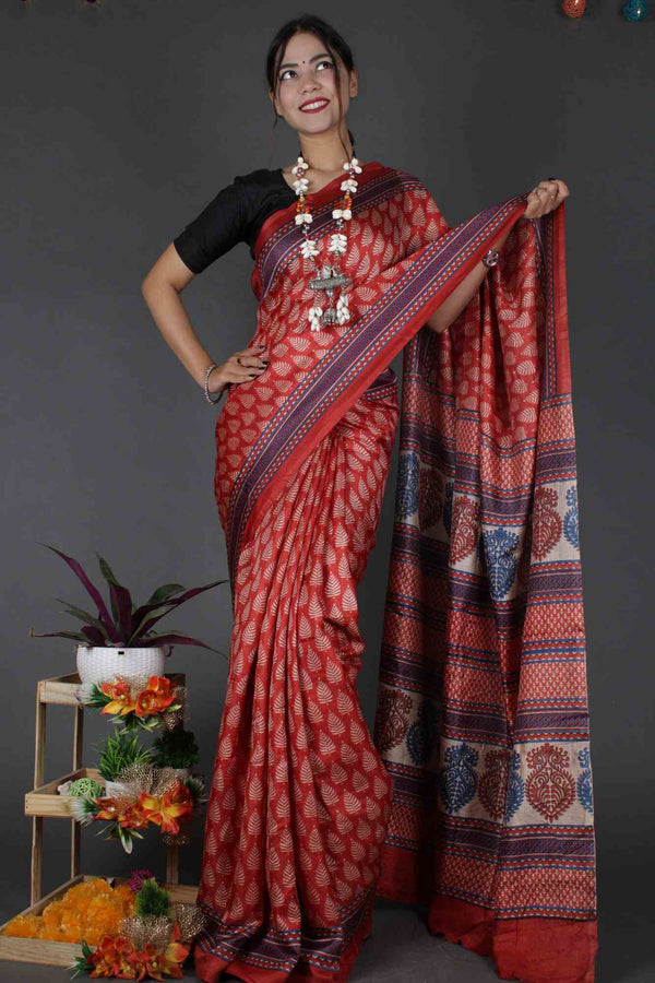 Red Batik Kalamkari Sophisticated Soft South Silk Printed Wrap in 1 minute Saree - Isadora Life Online Shopping Store