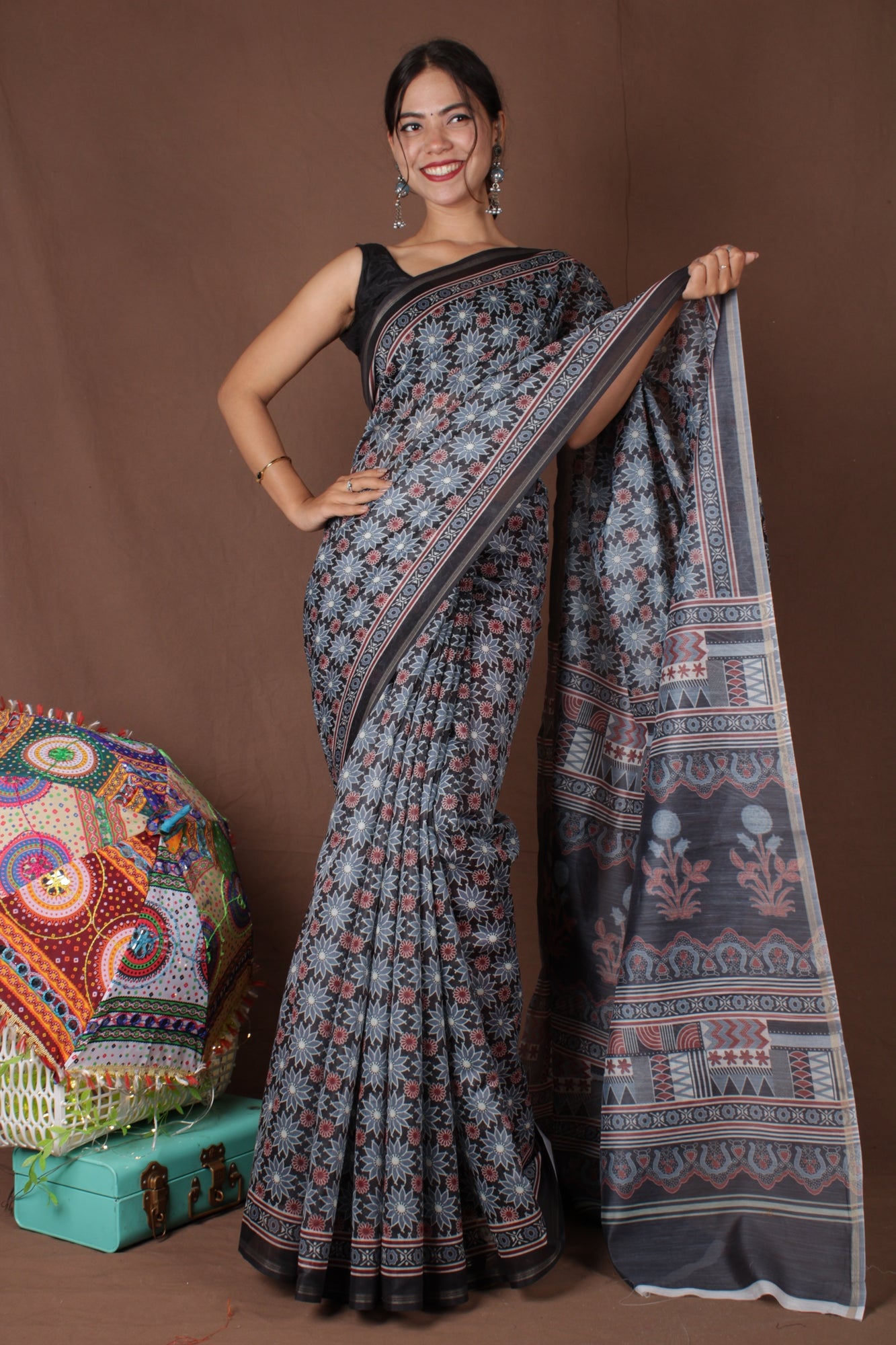 Exquisite Black & Grey Printed Beautiful Pallu Wrap in 1 Minute Drape Saree With Readymade Blouse - Isadora Life Online Shopping Store