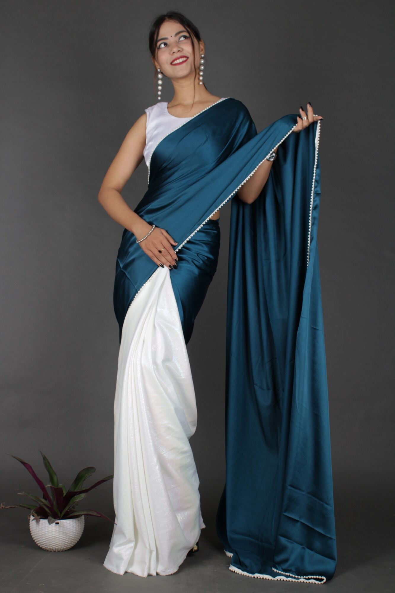 Turqoise Blue And White Half N Half Wrap in 1 minute Saree With Moti Lace And Readymade Blouse - Isadora Life Online Shopping Store