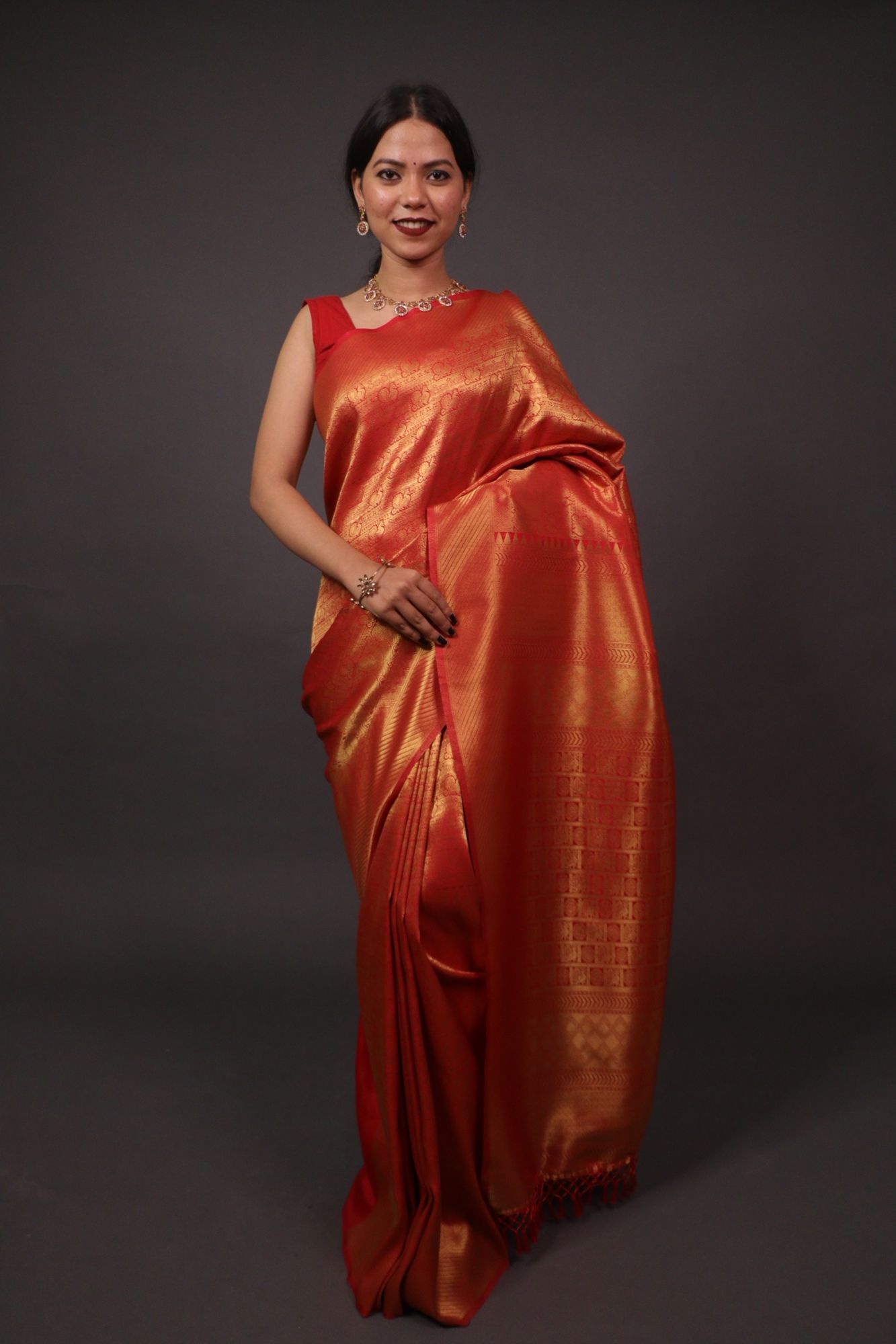 Tomato Red dhoop chaanv kanchipuram silk blend with pattu border wrap in 1 minute - Isadora Life Online Shopping Store