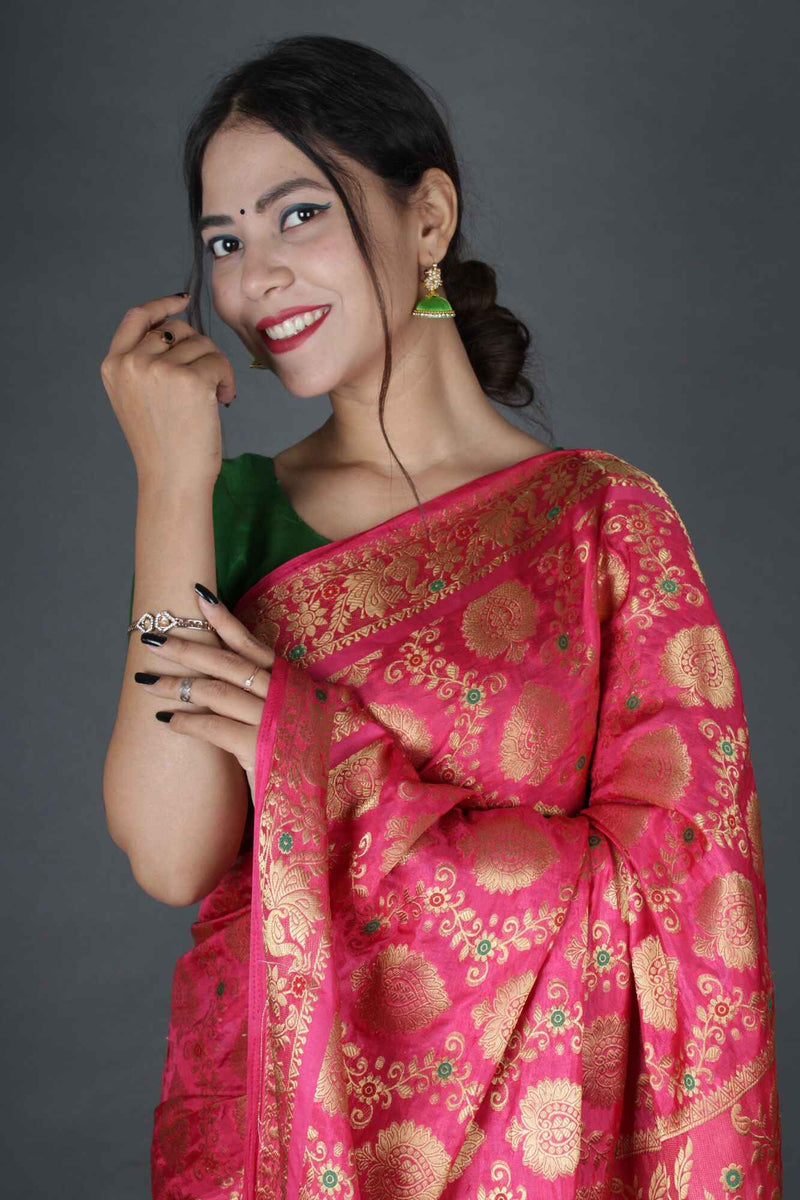 kanjivaram Zari Interweaving Coral Pink Art Silk Wrap in 1 minute Saree with Readymade Blouse - Isadora Life Online Shopping Store