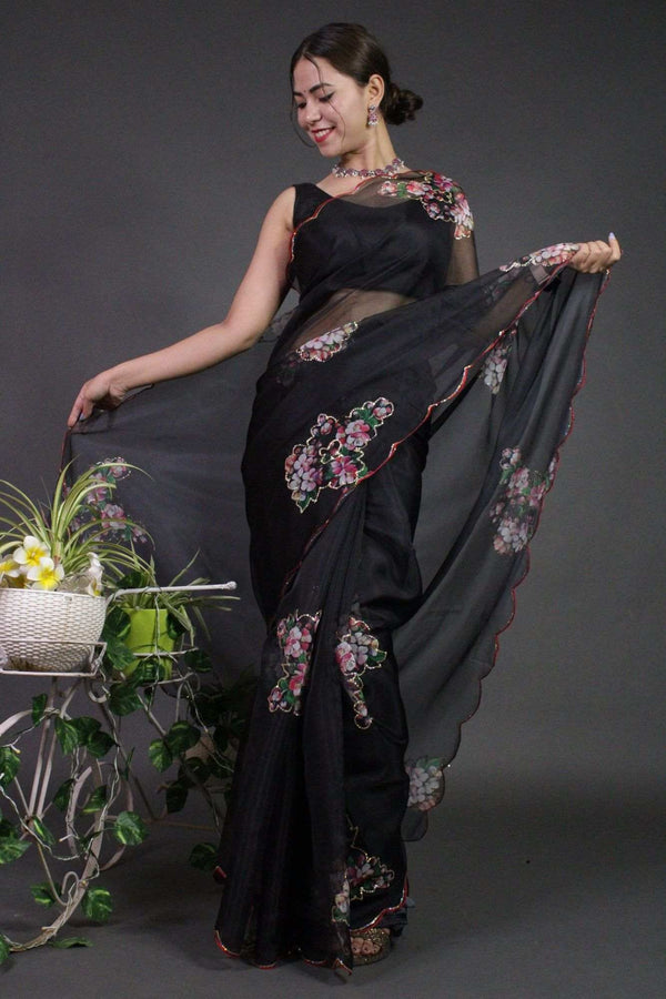 Black Floral Organza with floral print and sequins interwoven Wrap in 1 minute saree - Isadora Life Online Shopping Store