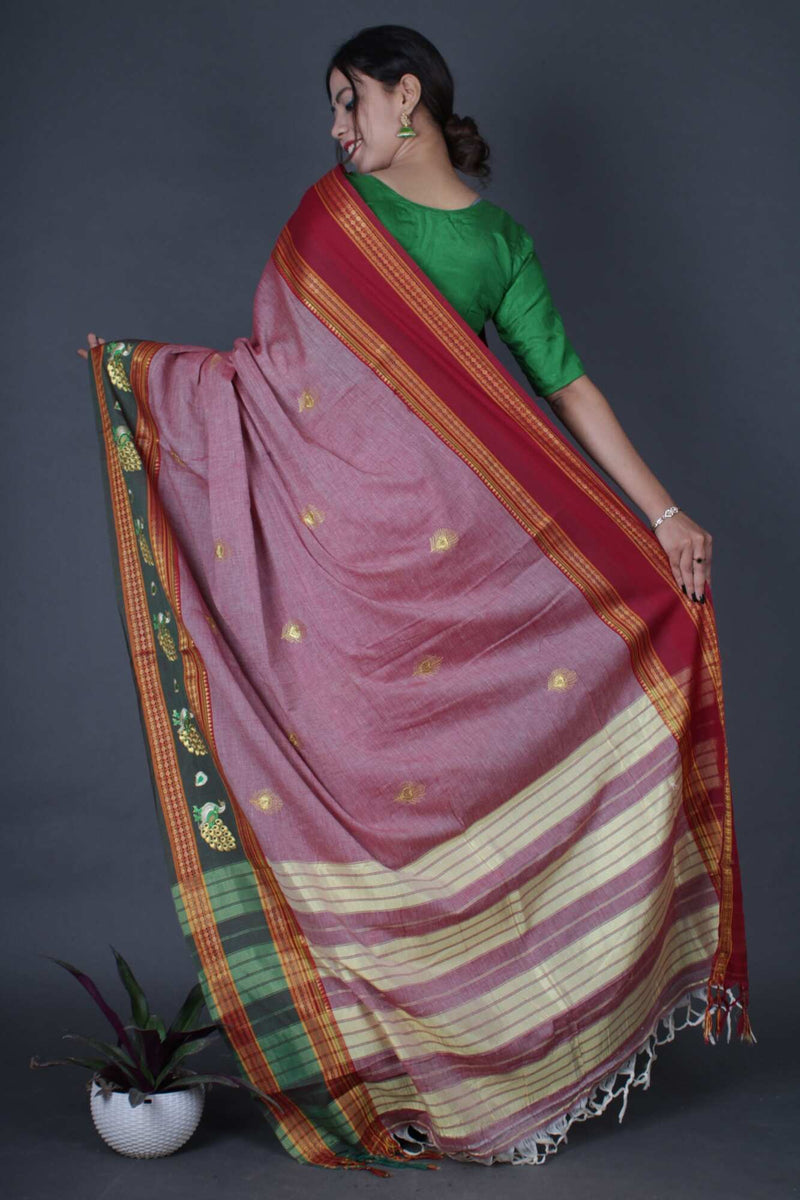 Lavender Peach South Embroidered Wrap in 1 minute Saree with Zari Border and readymade blouse - Isadora Life Online Shopping Store