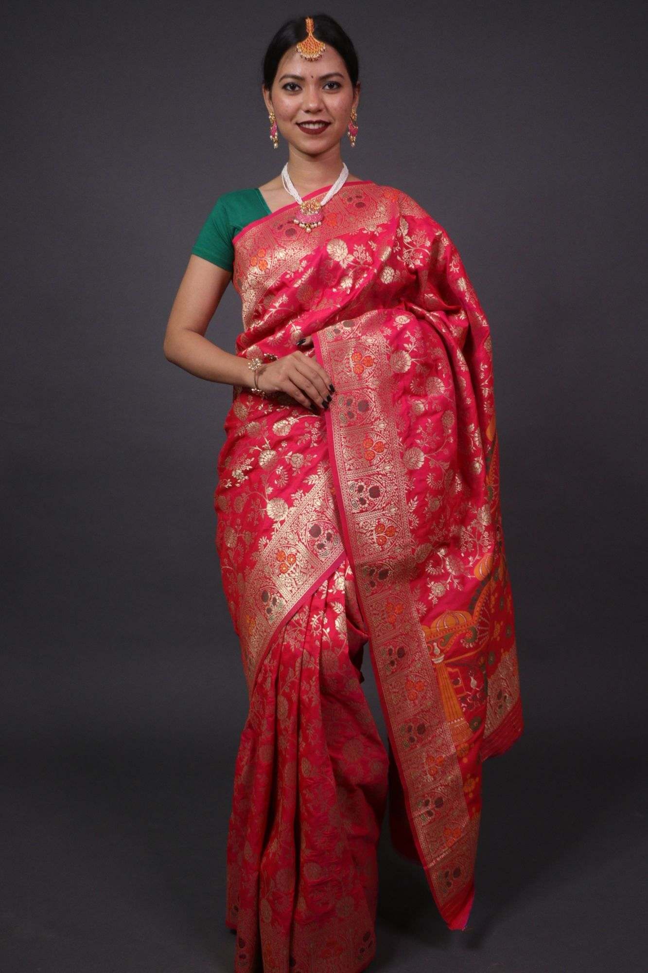 Crimson pink banarasi with meenakari pattern wrap in 1 minute saree - Isadora Life Online Shopping Store