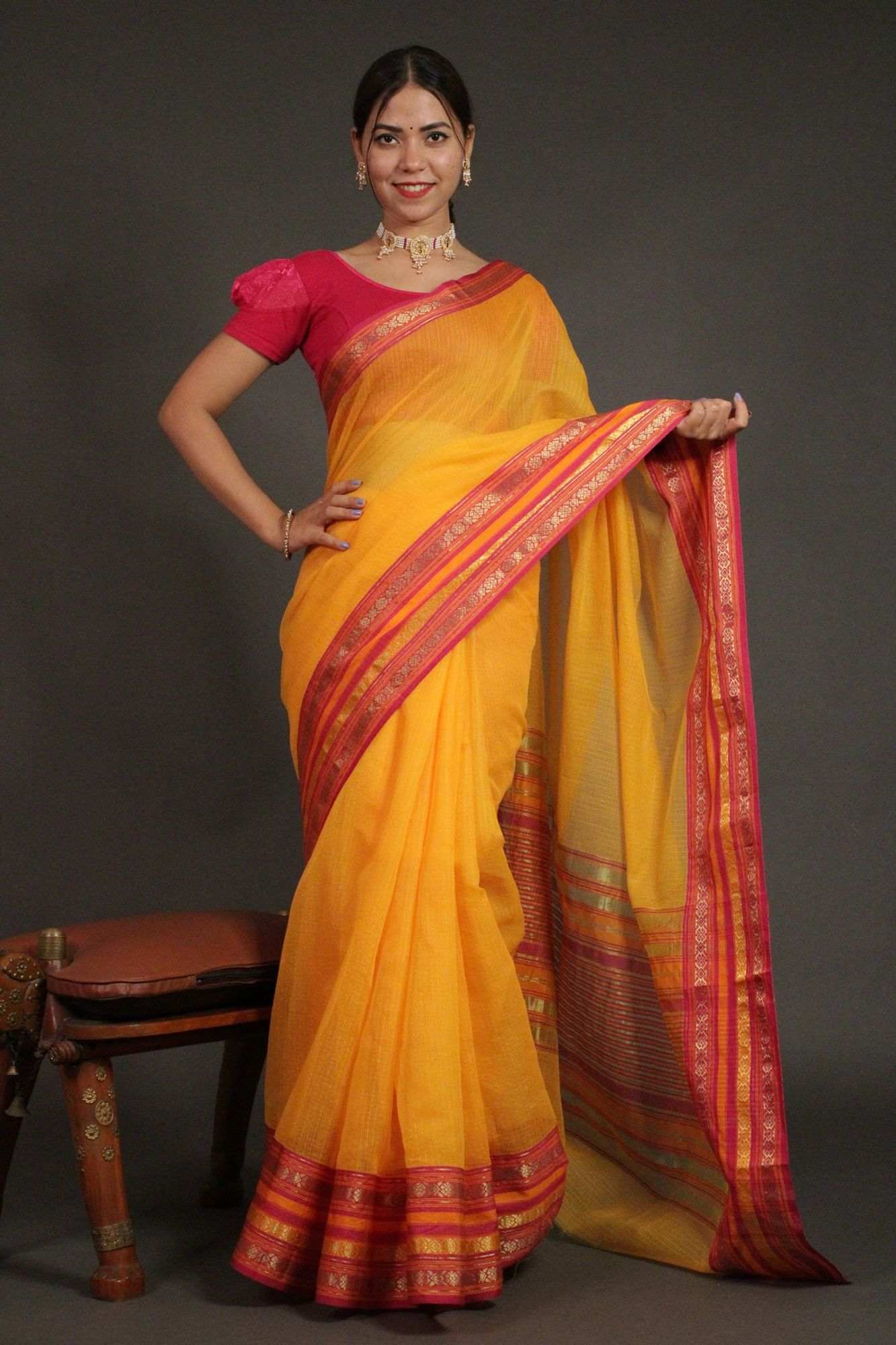 Jacquard Border Kota Doria Cotton Manipuri Saree with unstitched blouse  piece - Fshoppers