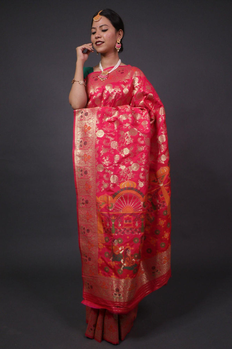 Crimson pink banarasi with meenakari pattern wrap in 1 minute saree - Isadora Life Online Shopping Store