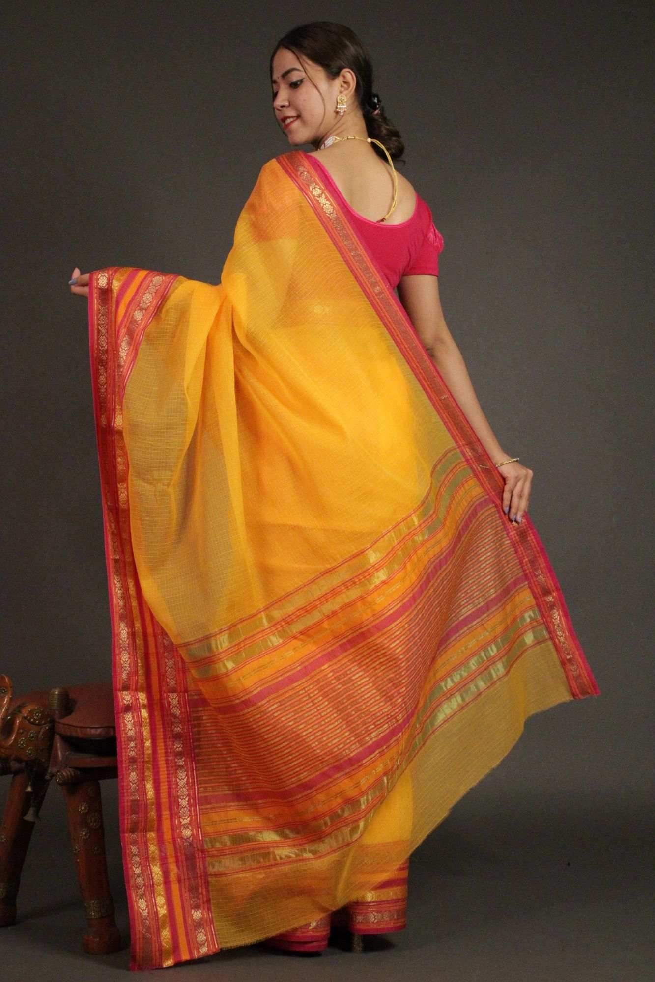 Mustard yellow color manipuri kota doriya cotton saree