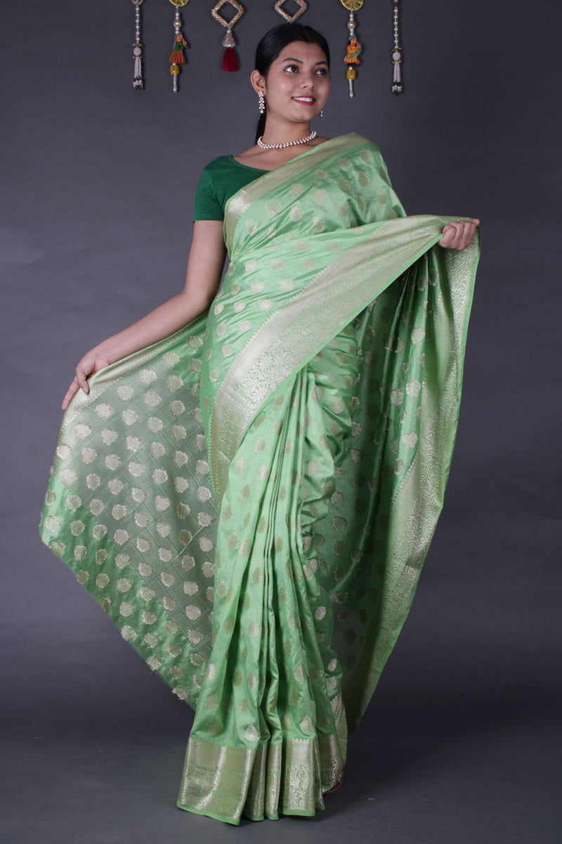 Beautiful Pista Green Zari Border Silk blend with Boota Woven Wrap in 1 minute saree with readymade blouse - Isadora Life Online Shopping Store