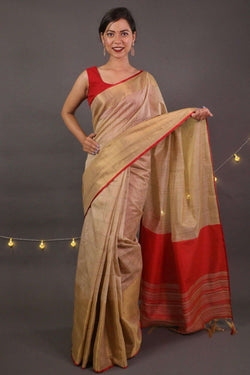 Tussar silk beige gold and red wrap in 1 minute saree - Isadora Life Online Shopping Store