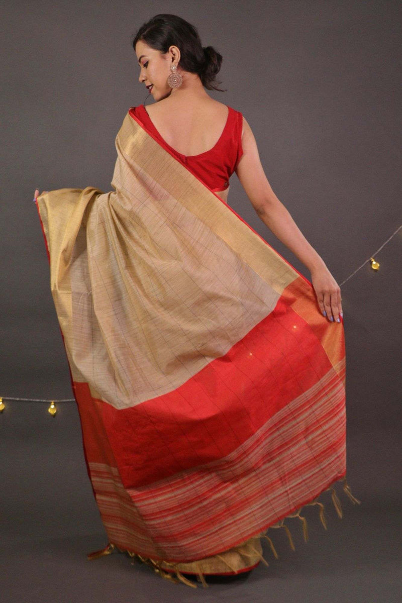 Tussar silk beige gold and red wrap in 1 minute saree - Isadora Life Online Shopping Store