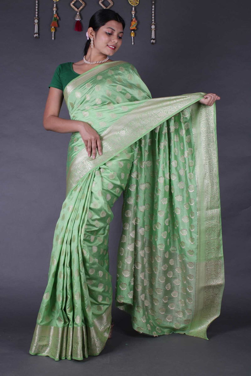 Beautiful Pista Green Zari Border Silk blend with Boota Woven Wrap in 1 minute saree with readymade blouse - Isadora Life Online Shopping Store