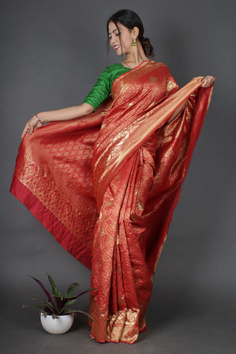 Red Banarasi Silk Blend With Ornate Pallu Wrap in 1 minute Saree with Readymade Blouse - Isadora Life Online Shopping Store