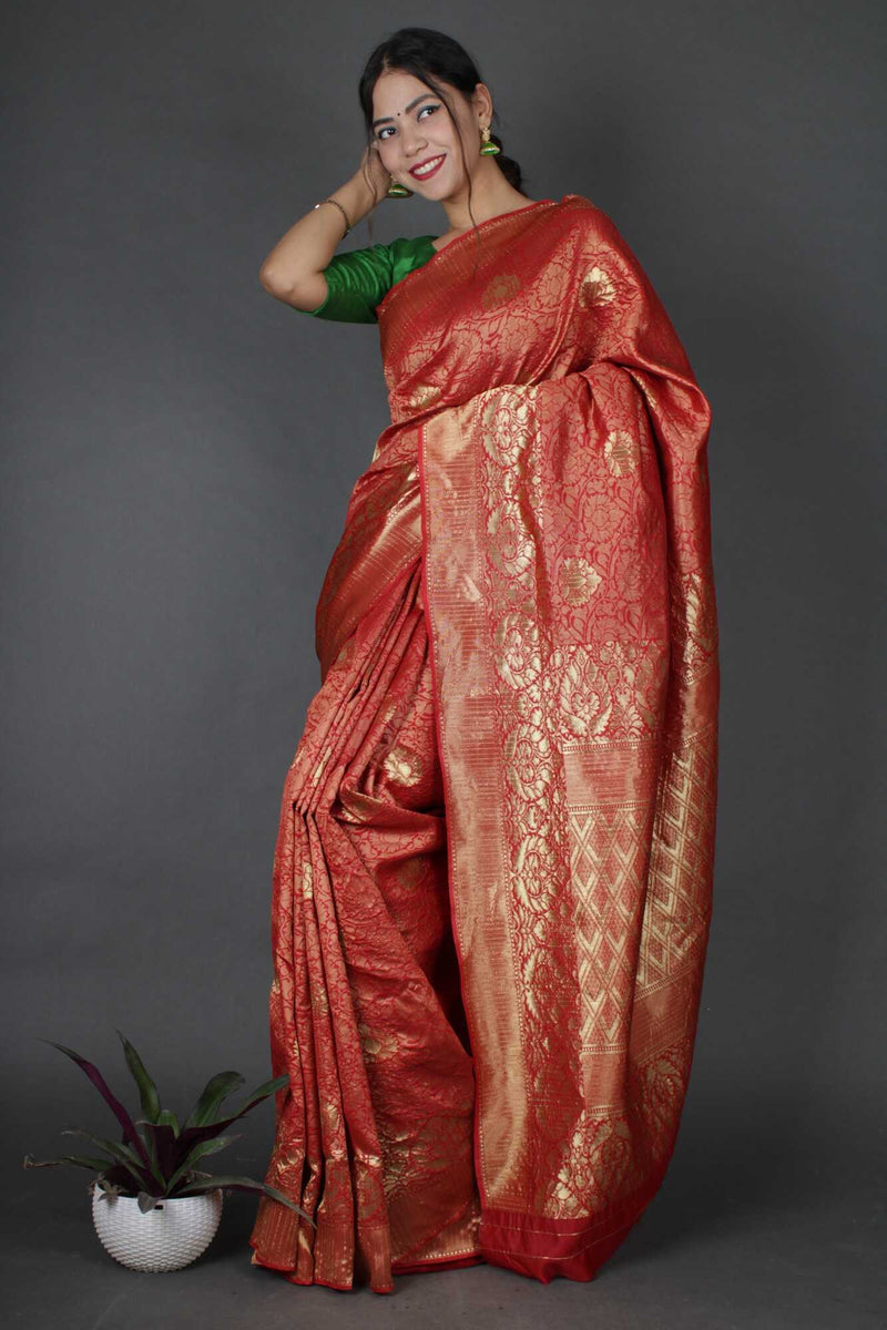 Red Banarasi Silk Blend With Ornate Pallu Wrap in 1 minute Saree with Readymade Blouse - Isadora Life Online Shopping Store