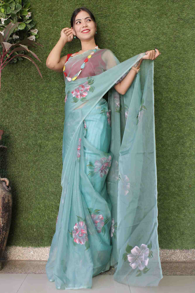 Beautiful hand painted organza with moti lace wrap in 1 minute saree - Isadora Life Online Shopping Store