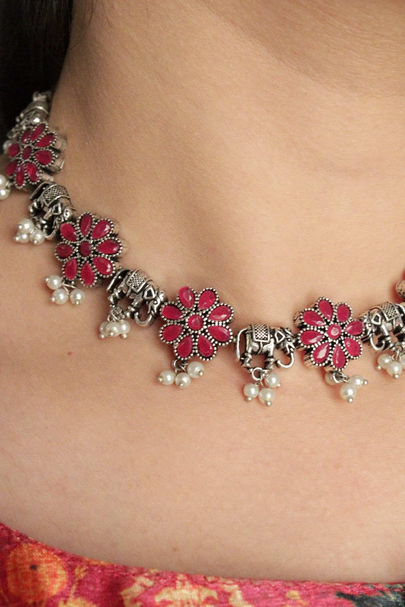 Oxidised Silver-Plated Pink & White Stone-Studded & Beaded Handcrafted Jewellery Set - Isadora Life Online Shopping Store