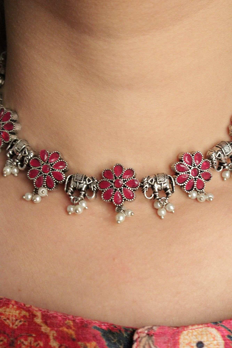 Oxidised Silver-Plated Pink & White Stone-Studded & Beaded Handcrafted Jewellery Set - Isadora Life Online Shopping Store