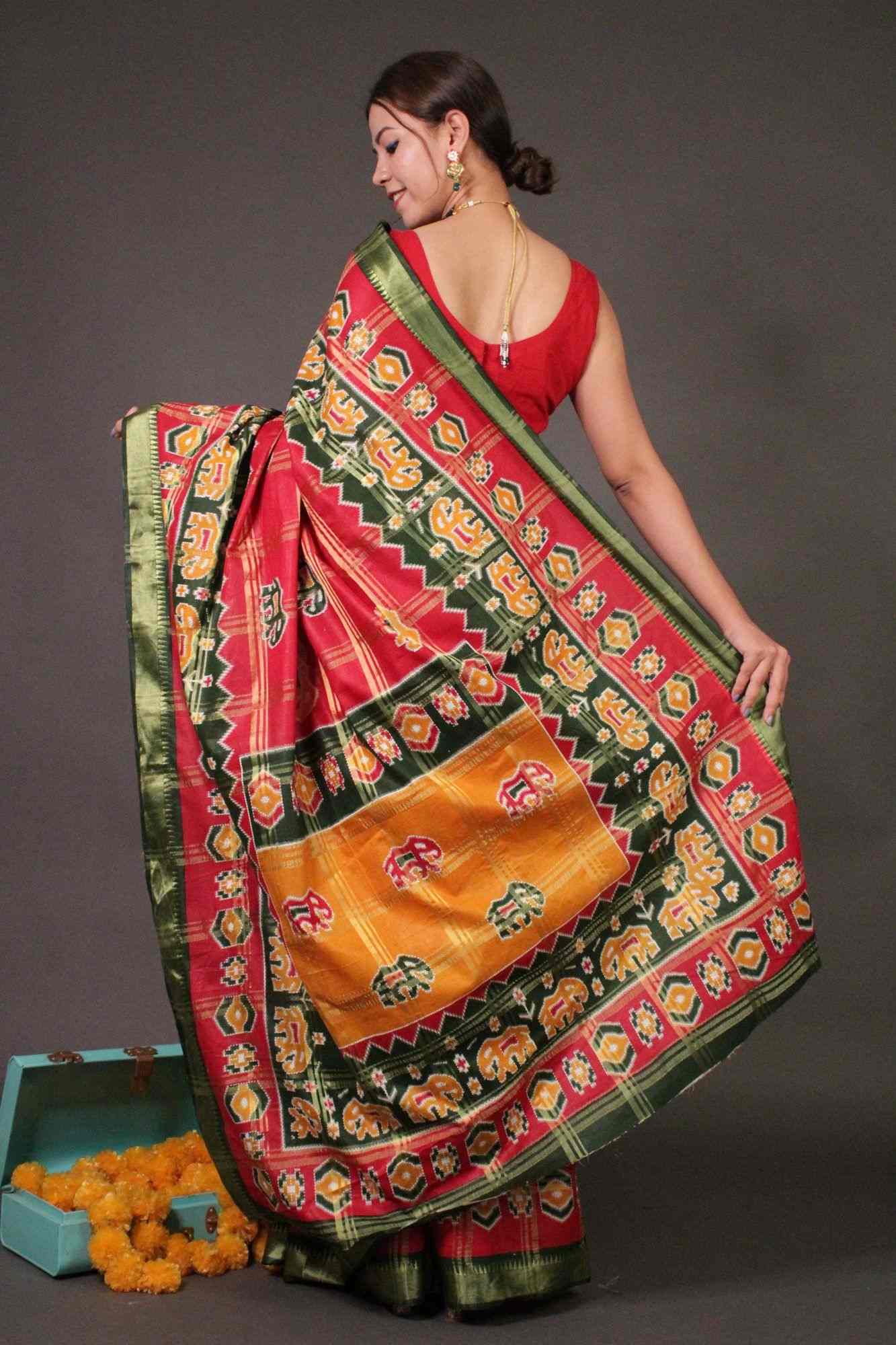 Red Cotton Patola Banarasi pattern festive rich look Wrap in 1 minute saree - Isadora Life Online Shopping Store