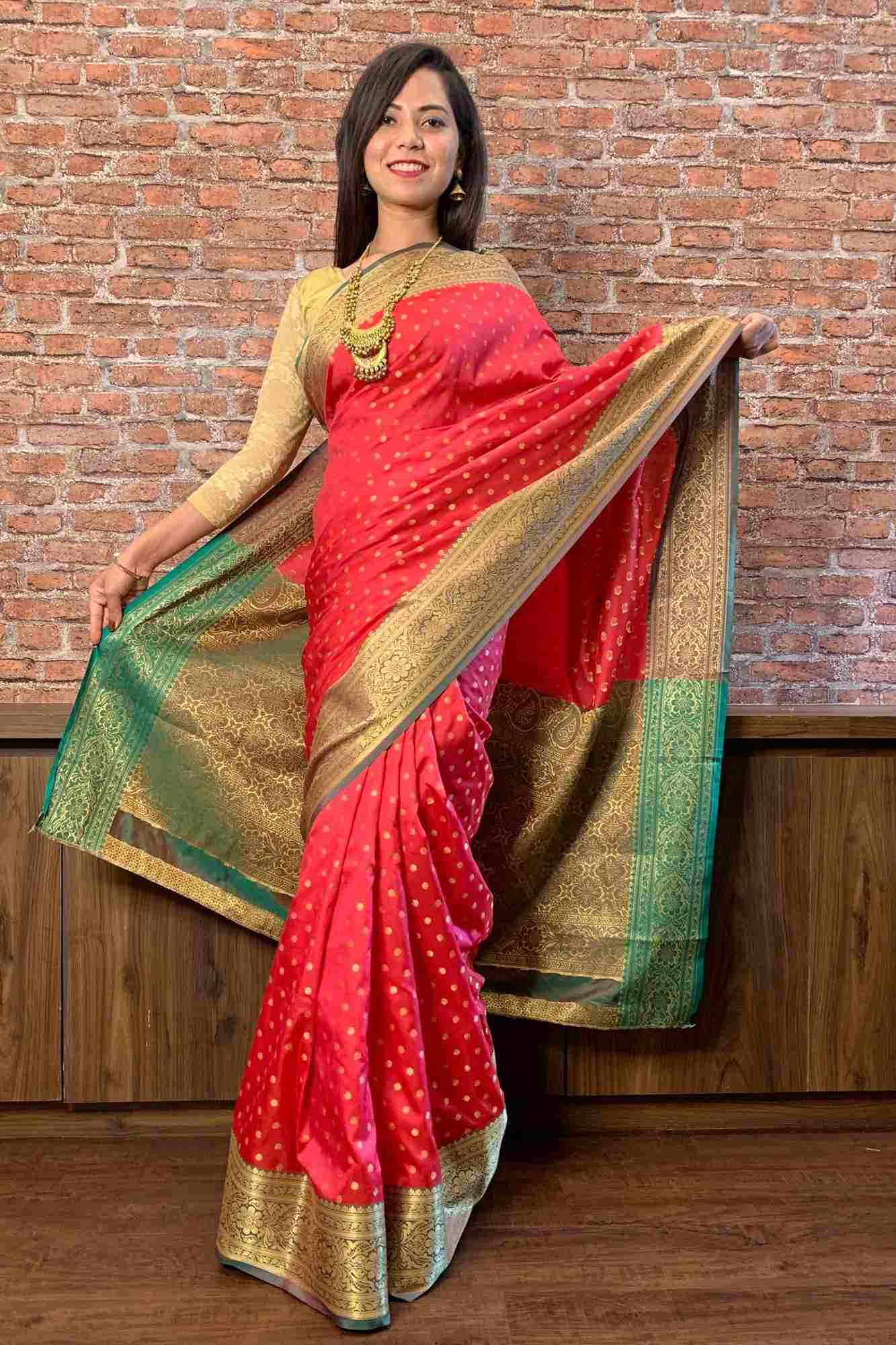 Kanjivaram jacquard design with golden butis wrap in 1 minute saree - Isadora Life Online Shopping Store